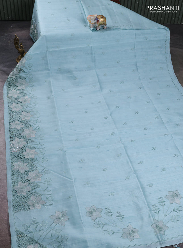 Pastel Blue Semi Raw Silk Saree - Embroidery Work