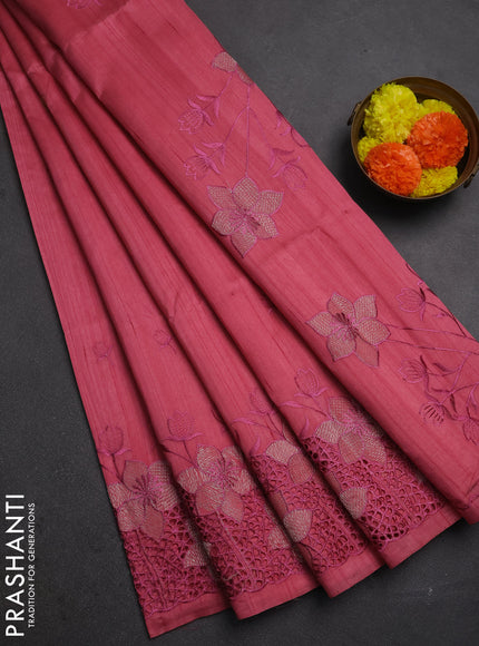 Peach Pink Semi Raw Silk Saree - Embroidery Work