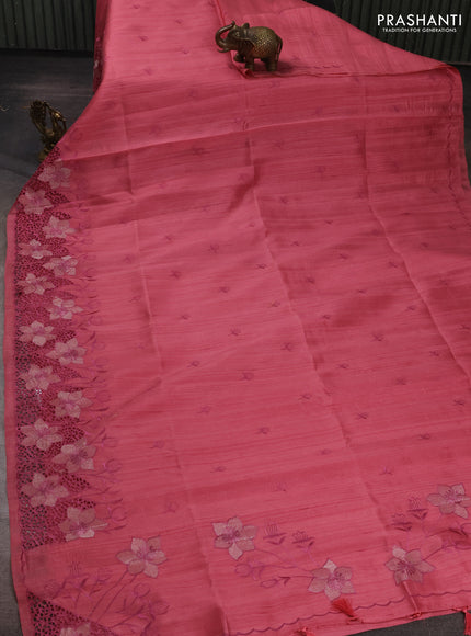 Peach Pink Semi Raw Silk Saree - Embroidery Work