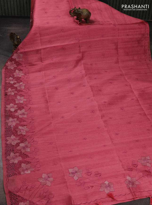Peach Pink Semi Raw Silk Saree - Embroidery Work