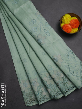 Pastel Green Semi Raw Silk Saree - Embroidery Work