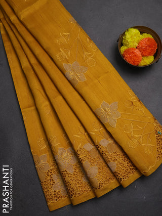 Dark Mustard Semi Raw Silk Saree - Embroidery Work