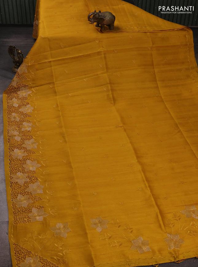 Dark Mustard Semi Raw Silk Saree - Embroidery Work