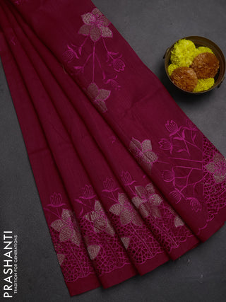 Dark Pink Semi Raw Silk Saree - Embroidery Work