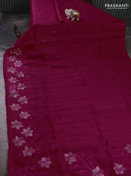 Dark Pink Semi Raw Silk Saree - Embroidery Work