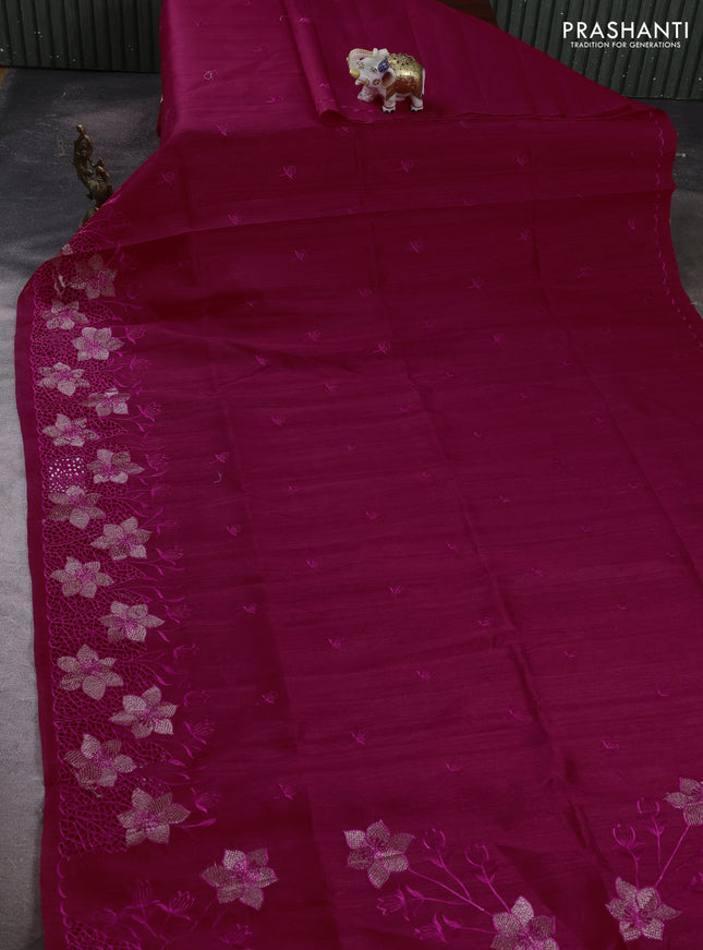 Dark Pink Semi Raw Silk Saree - Embroidery Work