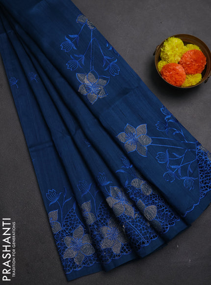 Peacock Blue Semi Raw Silk Saree - Embroidery Work