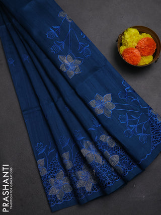 Peacock Blue Semi Raw Silk Saree - Embroidery Work