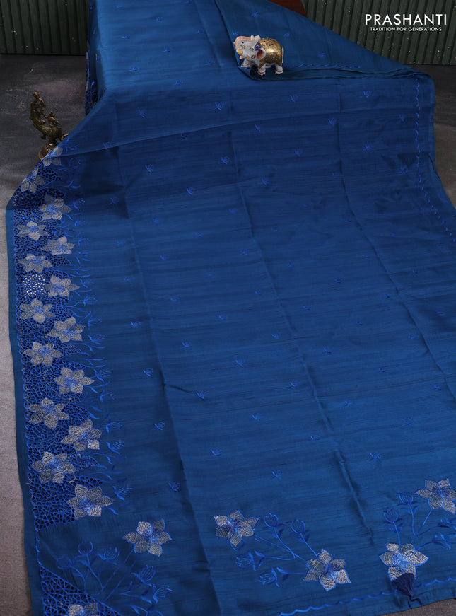 Peacock Blue Semi Raw Silk Saree - Embroidery Work