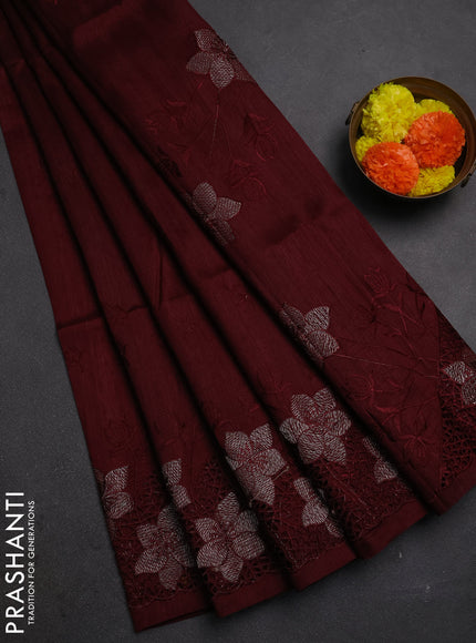 Deep Maroon Semi Raw Silk Saree - Embroidery Work
