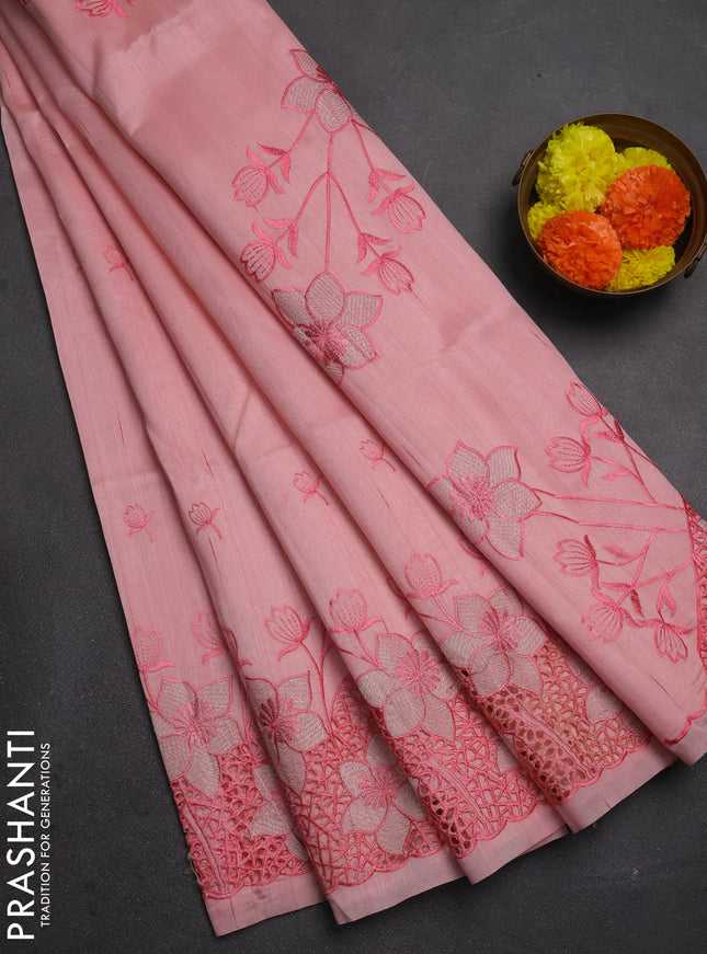 Peach Shade Semi Raw Silk Saree - Embroidery Work