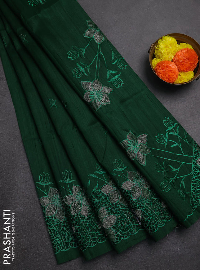 Bottle Green Semi Raw Silk Saree - Embroidery Work