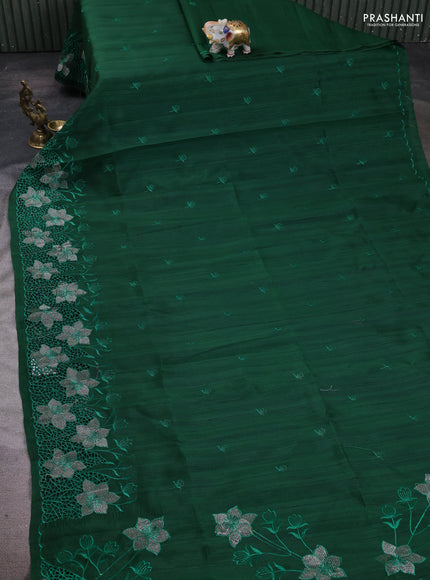 Bottle Green Semi Raw Silk Saree - Embroidery Work
