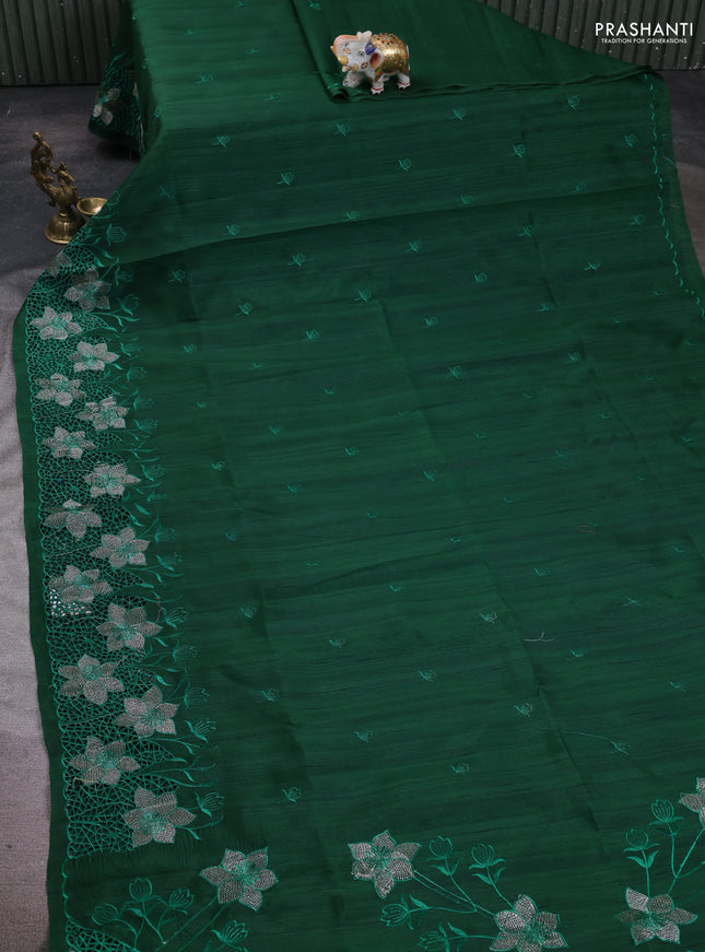 Bottle Green Semi Raw Silk Saree - Embroidery Work