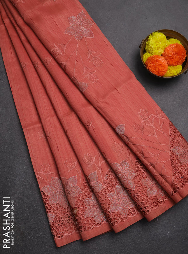 Dark Peach Semi Raw Silk Saree - Embroidery Work