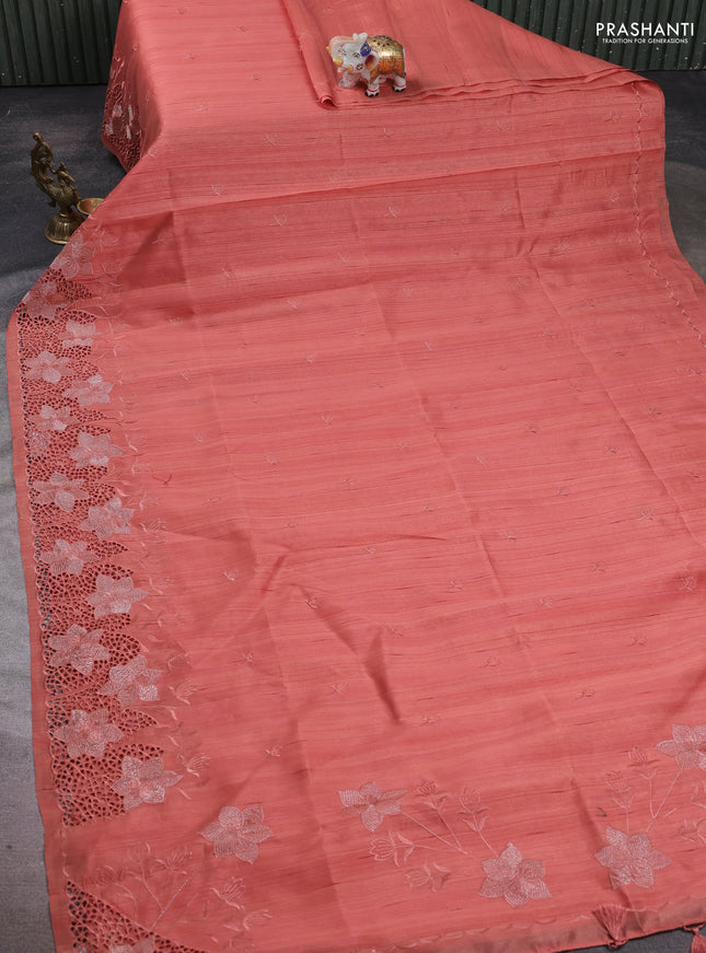 Dark Peach Semi Raw Silk Saree - Embroidery Work