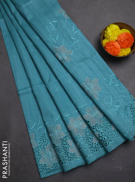Teal Green Shade Semi Raw Silk Saree - Embroidery Work