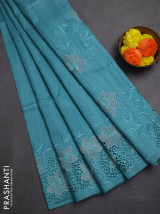 Teal Green Shade Semi Raw Silk Saree - Embroidery Work