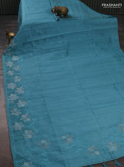 Teal Green Shade Semi Raw Silk Saree - Embroidery Work