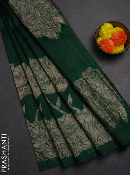 Bottle Green Semi Raw Silk Saree - Embroidery Work