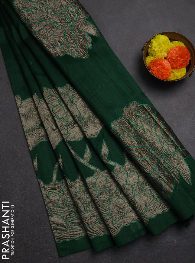 Bottle Green Semi Raw Silk Saree - Embroidery Work