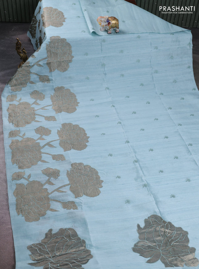 Pastel Blue Semi Raw Silk Saree - Embroidery Work
