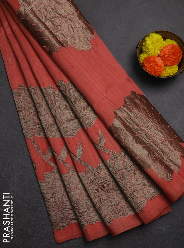 Dark Peach Semi Raw Silk Saree - Embroidery Work