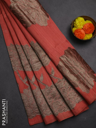 Dark Peach Semi Raw Silk Saree - Embroidery Work
