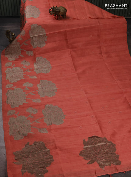 Dark Peach Semi Raw Silk Saree - Embroidery Work