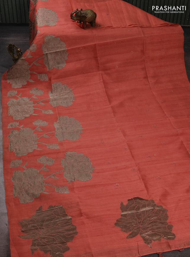 Dark Peach Semi Raw Silk Saree - Embroidery Work