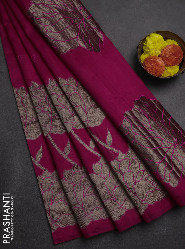Dark Pink Semi Raw Silk Saree - Embroidery Work