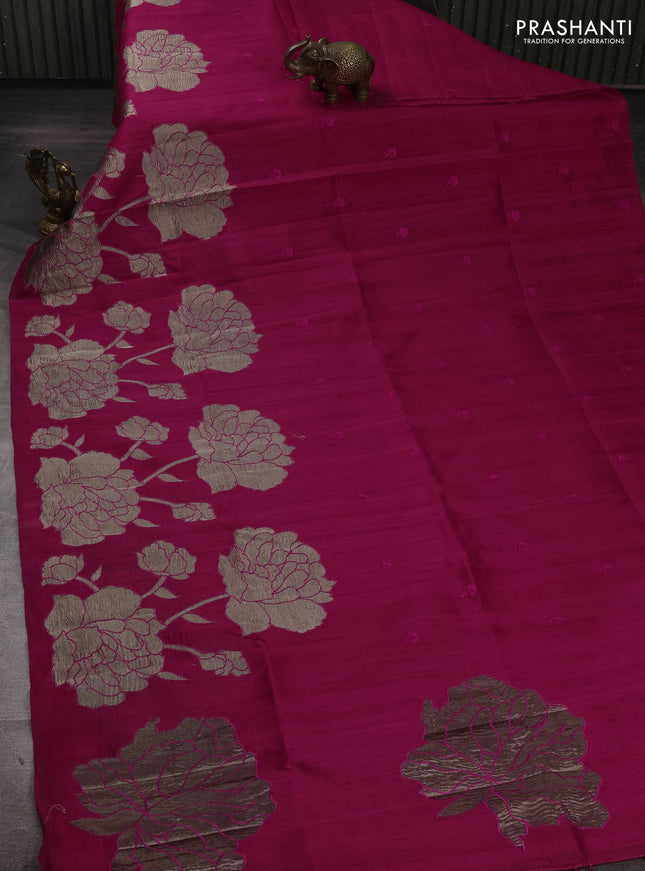Dark Pink Semi Raw Silk Saree - Embroidery Work