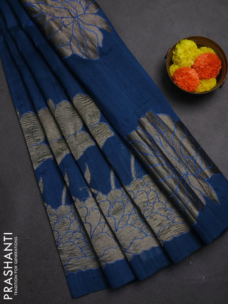 Peacock Blue Semi Raw Silk Saree - Embroidery Work