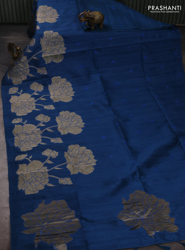 Peacock Blue Semi Raw Silk Saree - Embroidery Work
