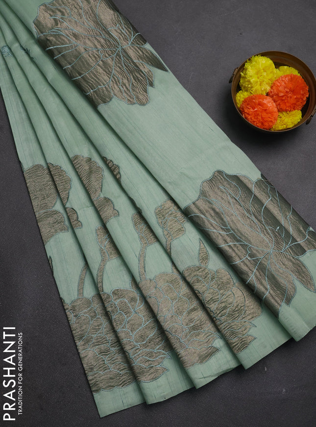 Pastel Green Semi Raw Silk Saree - Embroidery Work