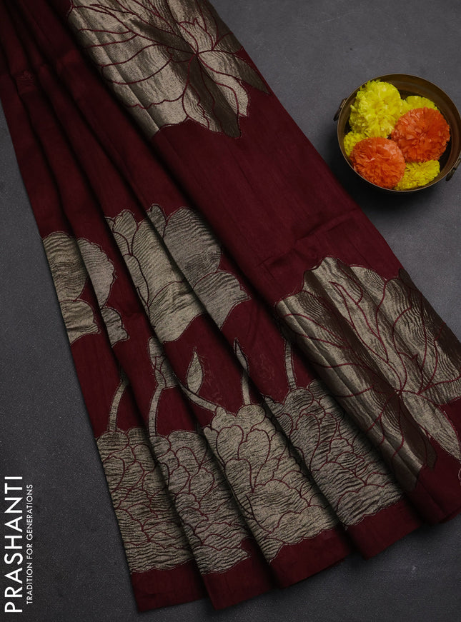 Deep Maroon Semi Raw Silk Saree - Embroidery Work