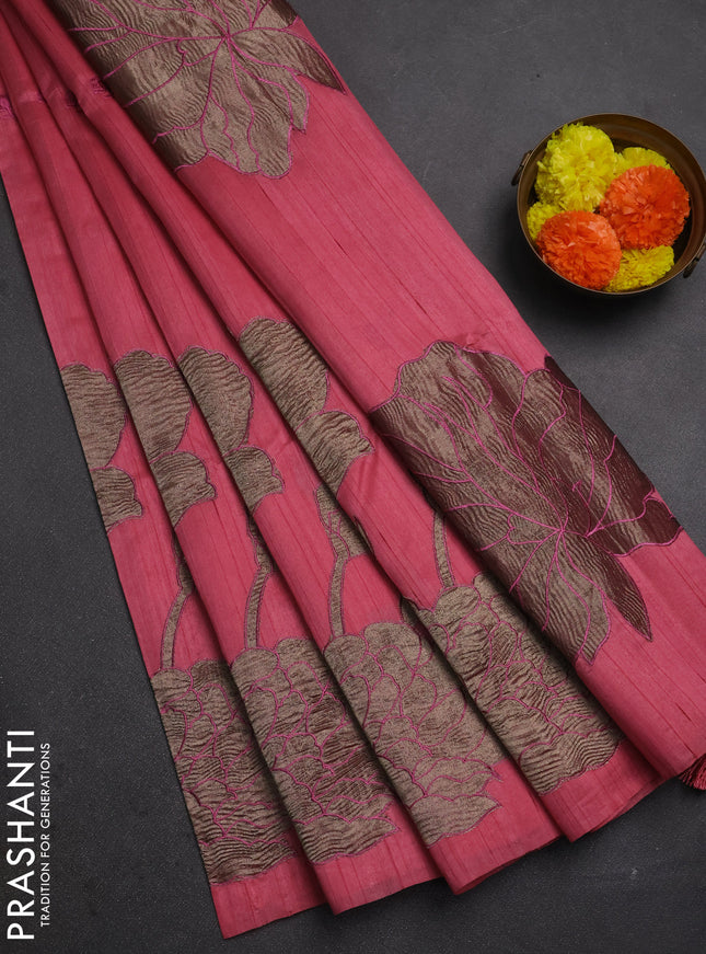 Peach Pink Semi Raw Silk Saree - Embroidery Work