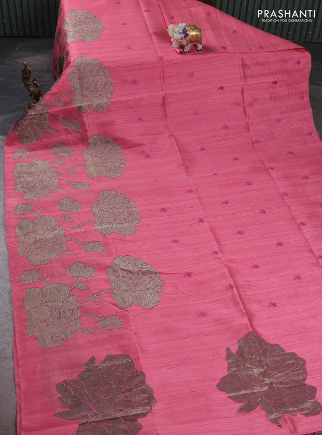 Peach Pink Semi Raw Silk Saree - Embroidery Work