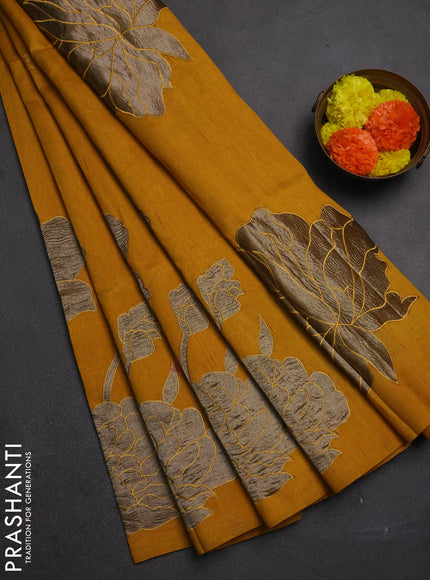 Mustard Yellow Semi Raw Silk Saree - Embroidery Work