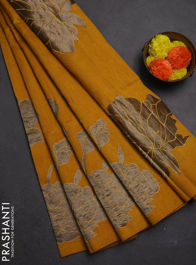 Mustard Yellow Semi Raw Silk Saree - Embroidery Work