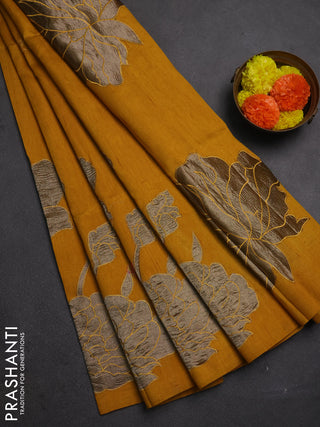 Mustard Yellow Semi Raw Silk Saree - Embroidery Work