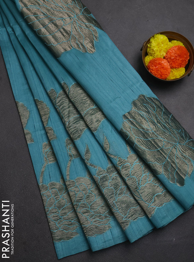 Teal Blue Semi Raw Silk Saree - Embroidery Work