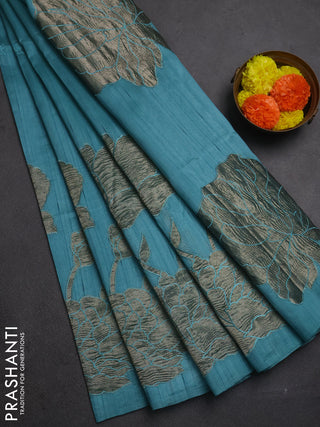 Teal Blue Semi Raw Silk Saree - Embroidery Work