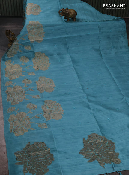 Teal Blue Semi Raw Silk Saree - Embroidery Work