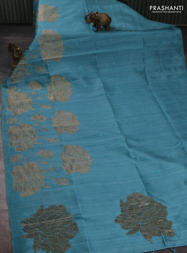 Teal Blue Semi Raw Silk Saree - Embroidery Work