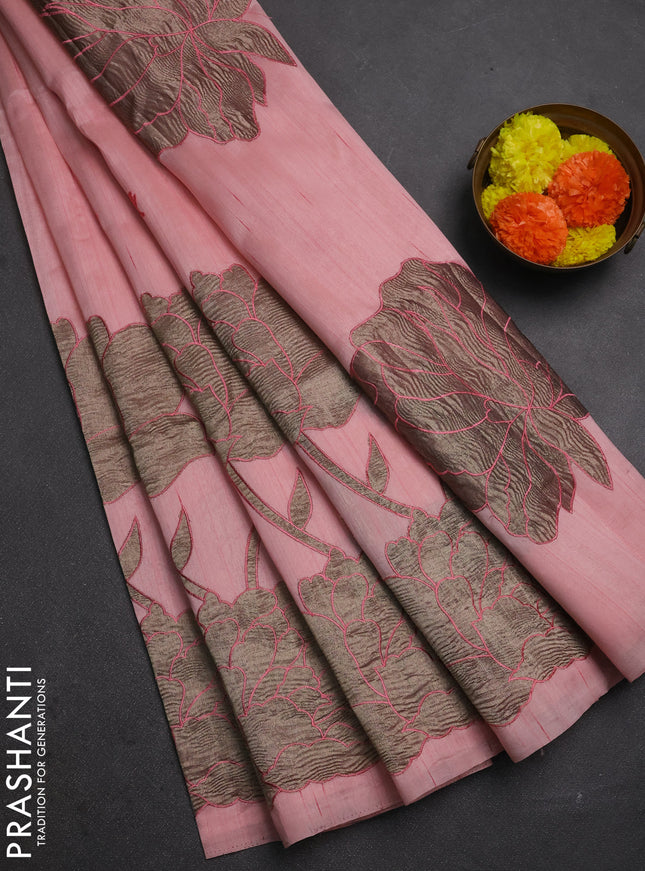 Peach Shade Semi Raw Silk Saree - Embroidery Work