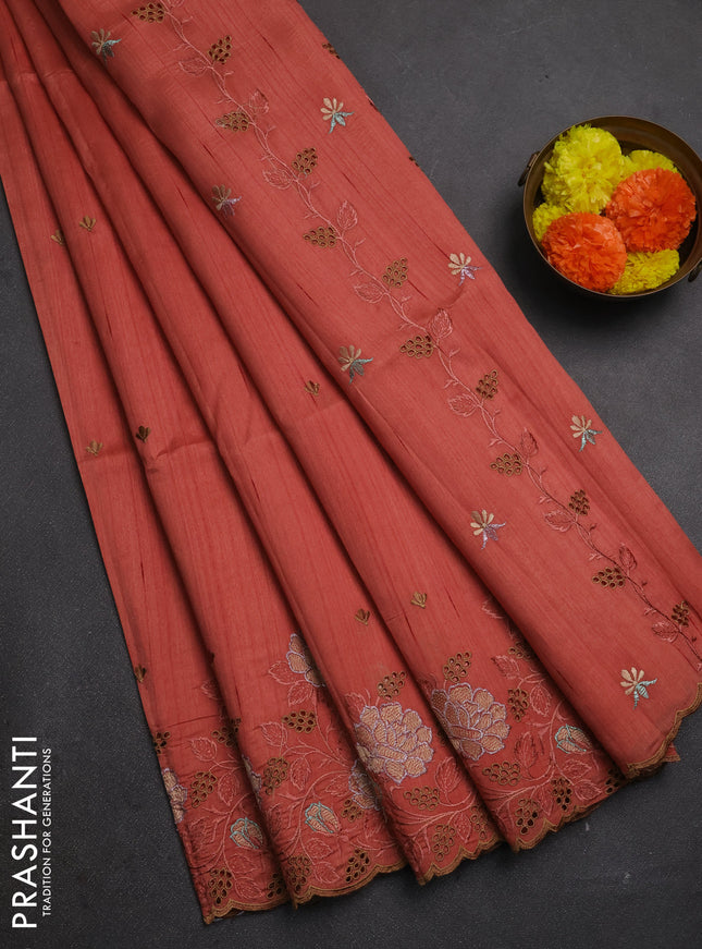 Dark Peach  Semi Raw Silk Saree - Embroidery Work