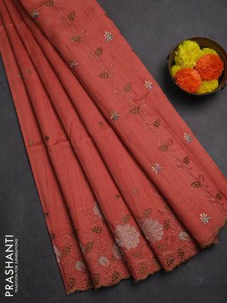 Dark Peach  Semi Raw Silk Saree - Embroidery Work