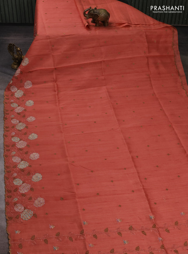 Dark Peach  Semi Raw Silk Saree - Embroidery Work