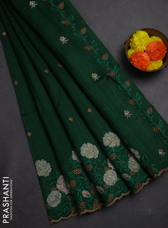 Bottle Green Semi Raw Silk Saree - Embroidery Work
